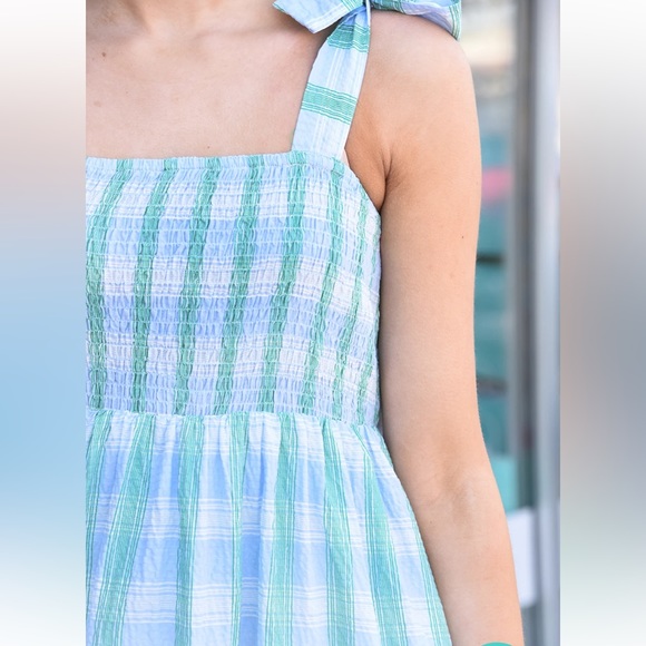 NWT THML Check Smocked Midi Dress size medium lt blue and green - Picture 5 of 15